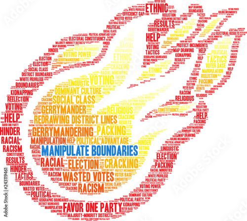 Manipulate Boundaries with Gerrymandering Word Cloud on a white background. 