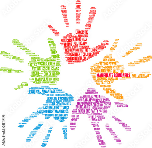 Manipulate Boundaries for Gerrymandering Word Cloud on a white background. 