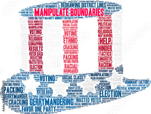 Manipulate Boundaries for Gerrymandering Word Cloud on a white background. 