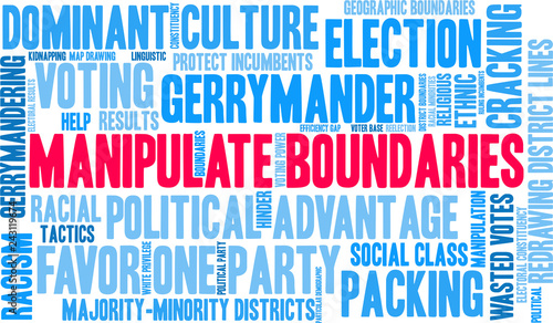 Manipulate Boundaries for Gerrymandering Word Cloud on a white background. 
