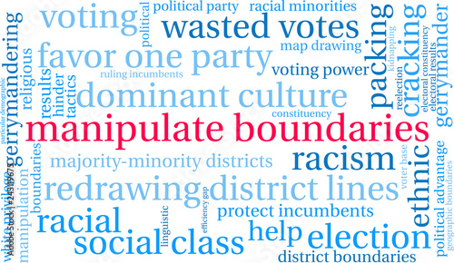 Manipulate Boundaries with Gerrymandering Word Cloud on a white background. 