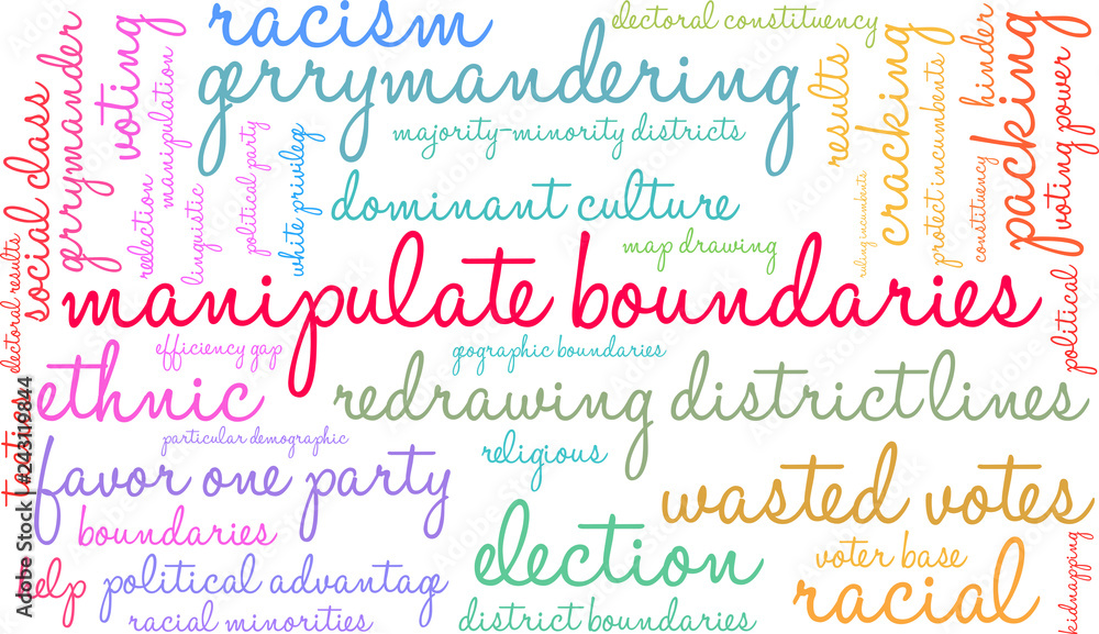 Manipulate Boundaries for Gerrymandering Word Cloud on a white background. 