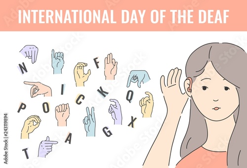 Vector world deaf dat holiday with deaf-mute alphabet with hand gestures and deaf young woman. Mute language, communication and beautiful female disabled character. Finger, palm and fist signs