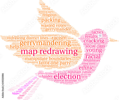 Map Redrawing in Gerrymandering Word Cloud on a white background. 