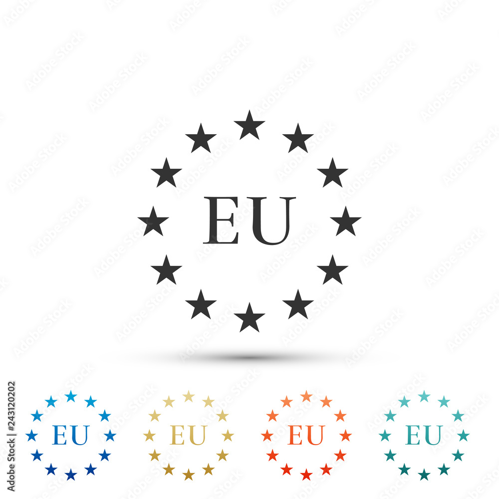 Naklejka premium Flag of European Union icon isolated on grey background. EU circle symbol. Waving EU flag. Set elements in colored icons. Flat design. Vector Illustration
