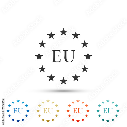 Flag of European Union icon isolated on grey background. EU circle symbol. Waving EU flag. Set elements in colored icons. Flat design. Vector Illustration