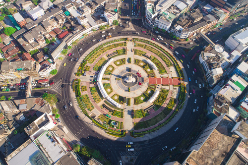 Aerial view circular intersceation transport road with city building © themorningglory