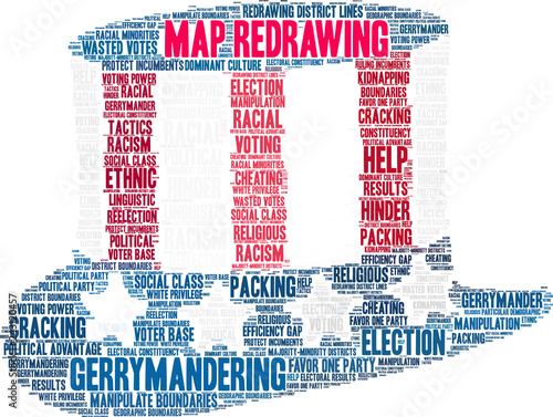 Map Redrawing with Gerrymandering Word Cloud on a white background. 