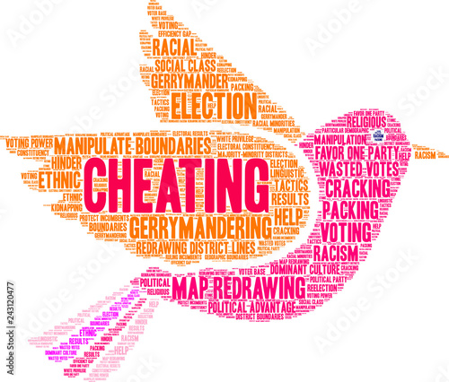 Cheating with Gerrymandering Word Cloud on a white background. 
