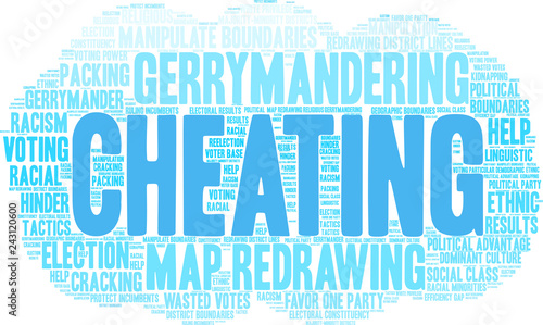 Cheating with Gerrymandering Word Cloud on a white background. 
