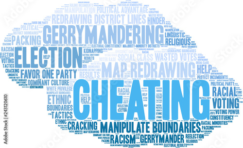Cheating with Gerrymandering Word Cloud on a white background. 