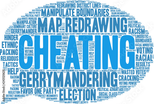 Cheating with Gerrymandering Word Cloud on a white background. 