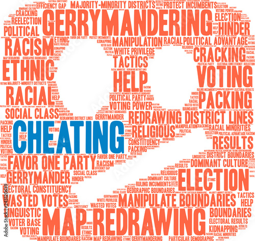 Cheating with Gerrymandering Word Cloud on a white background. 