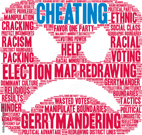 Cheating with Gerrymandering Word Cloud on a white background. 