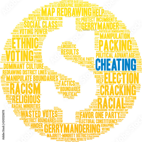 Cheating with Gerrymandering Word Cloud on a white background. 