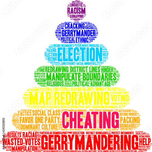 Cheating with Gerrymandering Word Cloud on a white background. 
