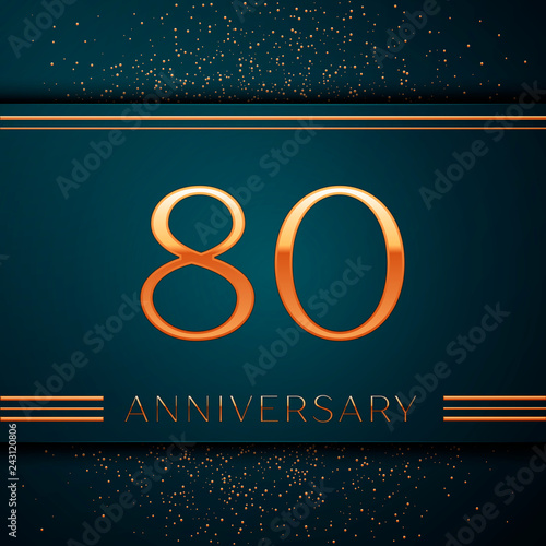 Realistic Eighty Years Anniversary Celebration design banner. Golden number and confetti on green background. Colorful Vector template elements for your birthday party