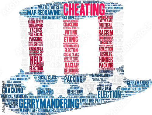 Cheating with Gerrymandering Word Cloud on a white background. 