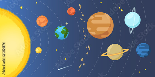 Vector Flat Illustration - Solar System with Sun and all Planets