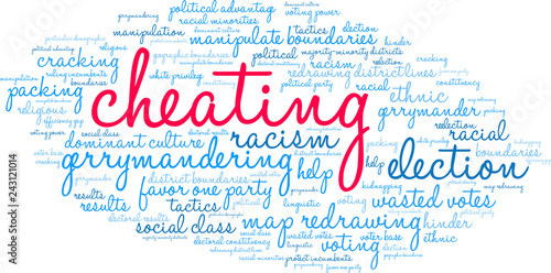Cheating with Gerrymandering Word Cloud on a white background. 