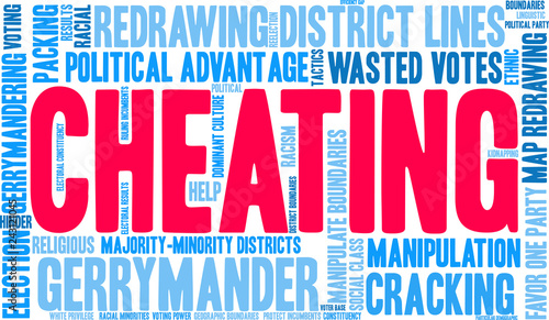 Cheating with Gerrymandering Word Cloud on a white background. 