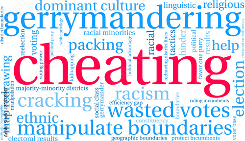 Cheating with Gerrymandering Word Cloud on a white background. 