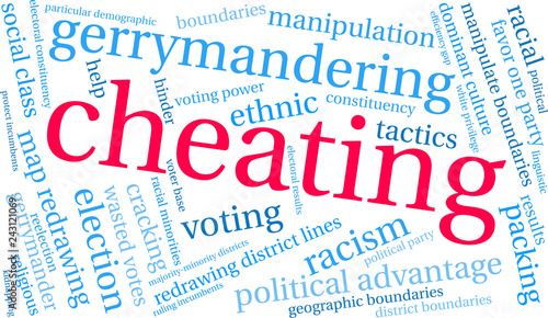Cheating with Gerrymandering Word Cloud on a white background. 