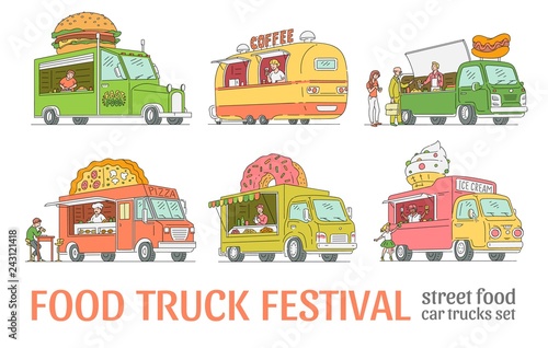 Vector sketch food festival trucks set. Ice cream, hotdog, coffee, pizza and sweets vans in vintage style set. 90s food and trucks, mobile fastfood shop vehicle. Retro delivery car illustration