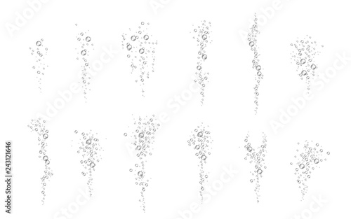 Vector fizzy drink bubbles flow set. Champagne oxygen underwater. Soda pop gas sparkling. Carbonated drink effect. Symbol of freshness. Aquarium sparkles. Isolated illustration photo