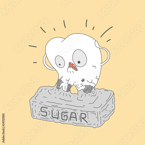 Bad tooth with caries cavity. Sweets provoke dental caries concept. Vector illustration