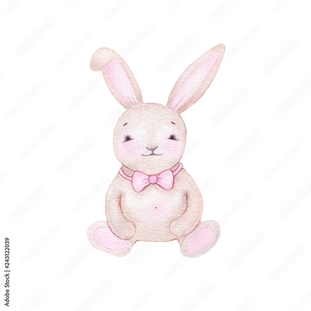 Watercolor cute hare bunny with bow tie isolated on white background Watercolor cute hare bunny with bow tie isolated on white background