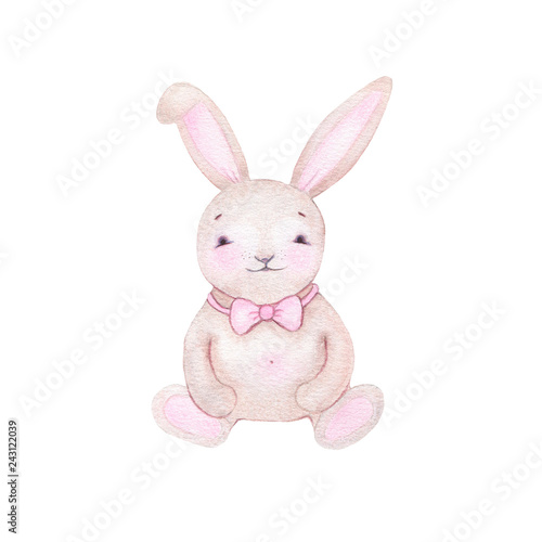 Watercolor cute hare bunny with bow tie isolated on white background