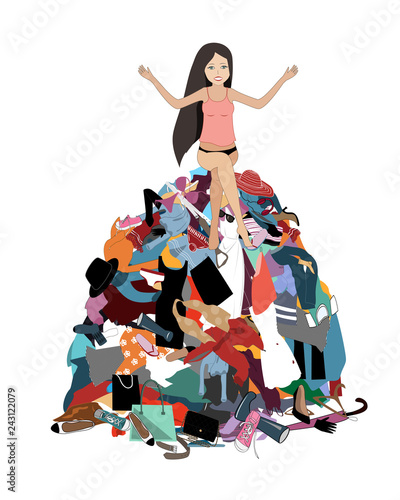 Nothing to wear concept, young attractive stressed woman seating in a pile of messy clothes gotten out of closet. Vector illustration