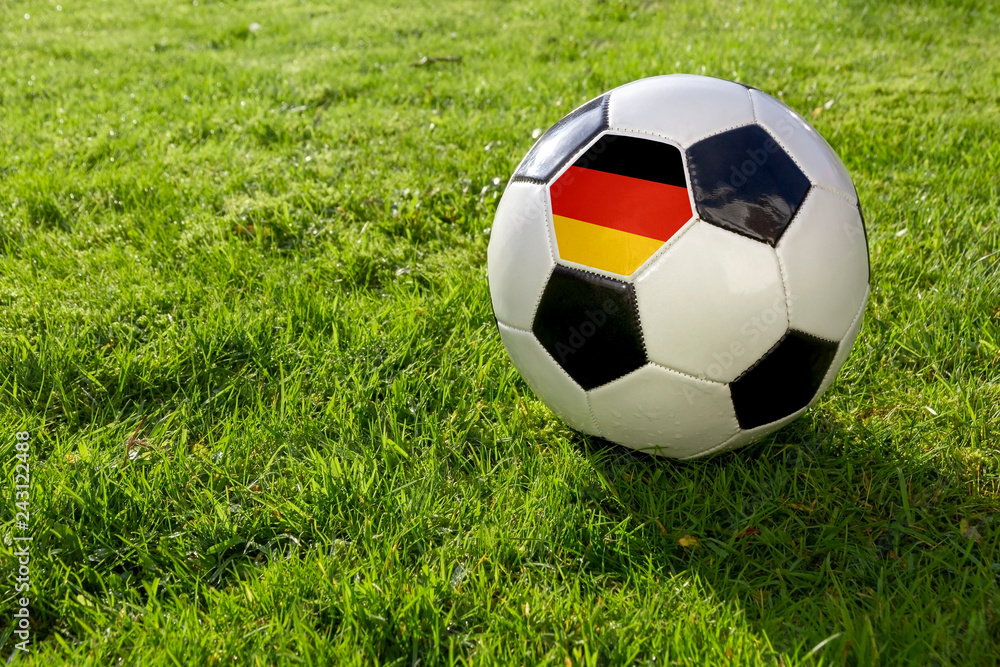 Fototapeta premium Football on a grass pitch with German Flag