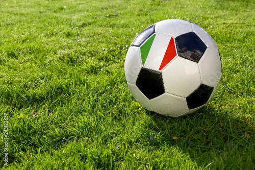 Football on a grass pitch with Italy Flag.