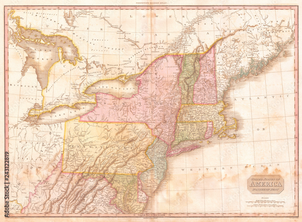 Obraz premium 1818, Pinkerton Map of the Northern United States, John Pinkerton, 1758 – 1826, Scottish antiquarian, cartographer, UK