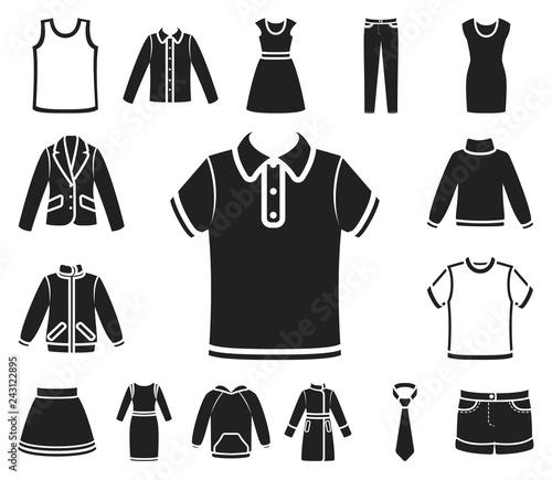 Different kinds of clothes black icons in set collection for design. Clothes and style vector symbol stock web illustration.