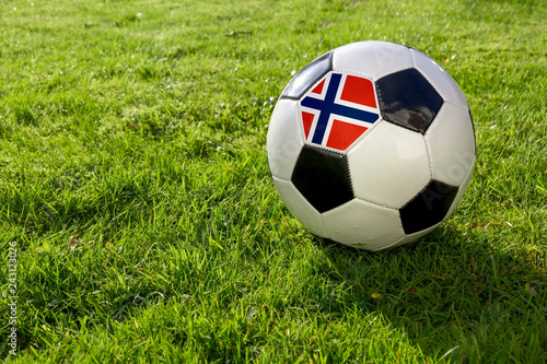 Football on a grass pitch with Norway Flag