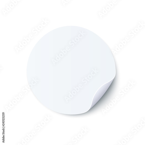 Vector illustration of round blank white sticker with folded edge in realistic style isolated on white background - mock up of circle adhesive curled label or note paper.
