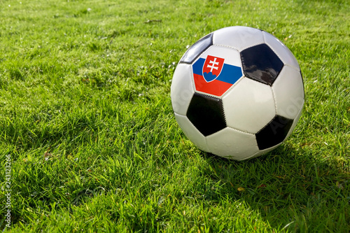 Football on a grass pitch with Slovakia Flag