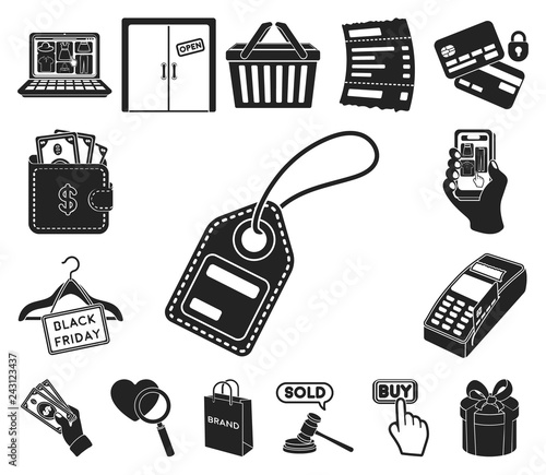 E-commerce, Purchase and sale black icons in set collection for design. Trade and finance vector symbol stock web illustration.