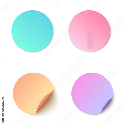 Vector illustration set of colorful round blank paper stickers in realistic style. Mock up collection of circle adhesive curled paper labels isolated on white background.