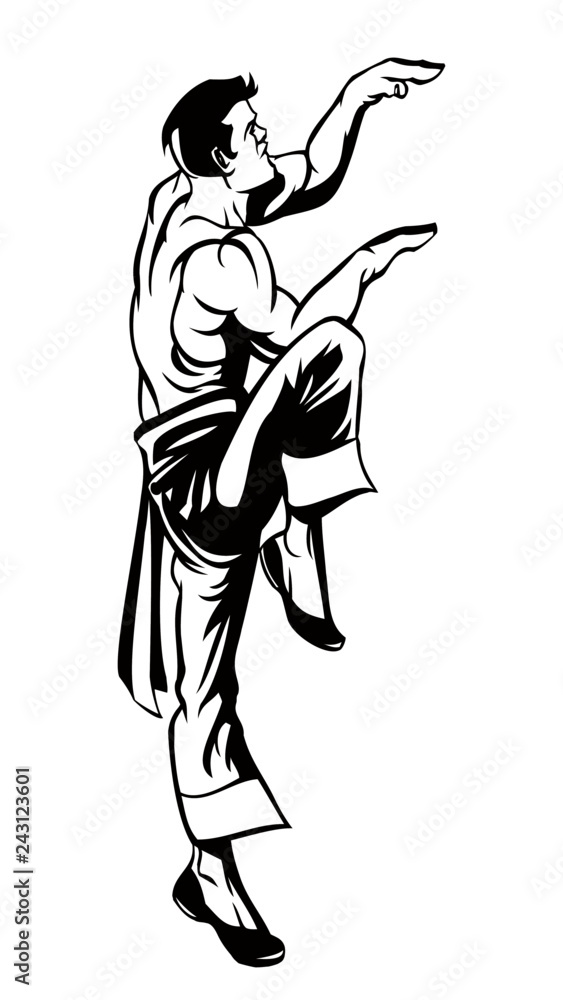 Black and white silhouette of karate fighter on white background. Martial arts illustration.
