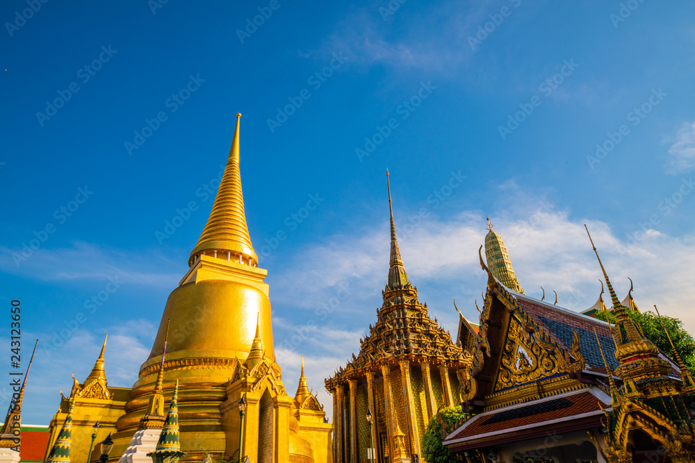 Temple of emerald buddha with blue sky cloud travel sightseeing in Bangkok