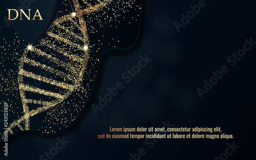 DNA sequence, DNA code structure with gold glow. Science concept background. Nano technology. Vector illustration, black background with space for text