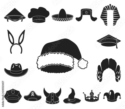 Different kinds of hats black icons in set collection for design.Headdress vector symbol stock web illustration.