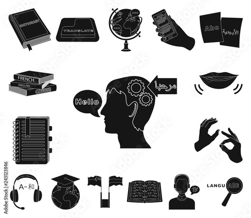 Translator and linguist black icons in set collection for design. Interpreter vector symbol stock web illustration.