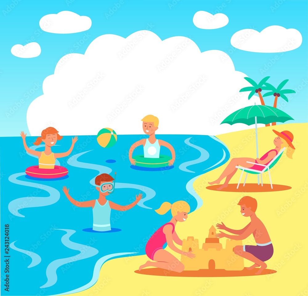 Vector teen kids having fun at beach swimming in sea with inflatable rings, playing ball, building sand castles with adult woman lying at lounger under sun umbrella. Summer family vacation concept