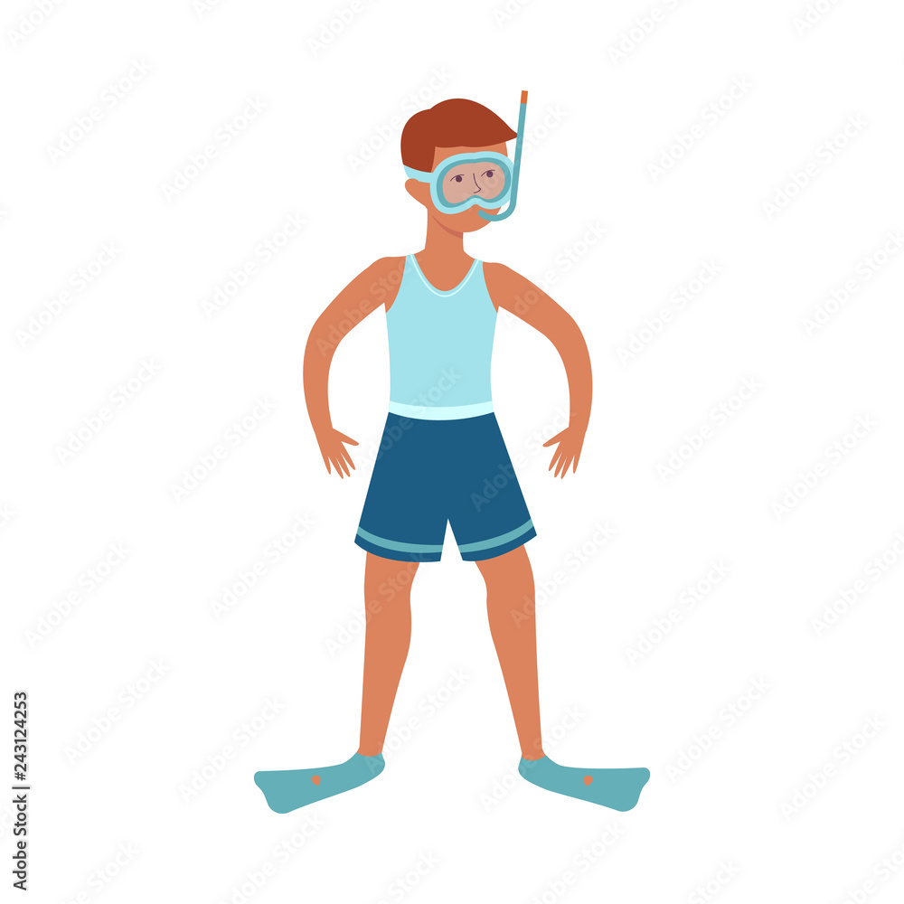 Vector young man in shorts wearing snorkelling mask, snorkel and flippers. Male character at summer sea vacation enjoying leisure activity, underwater swimming in equipment. Isolated illustration Vector young man in shorts wearing snorkelling mask, snorkel and flippers. Male character at summer sea vacation enjoying leisure activity, underwater swimming in equipment. Isolated illustration