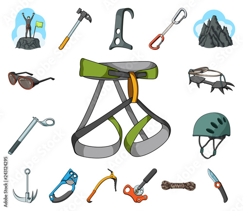 Mountaineering and climbing cartoon icons in set collection for design. Equipment and accessories vector symbol stock web illustration.